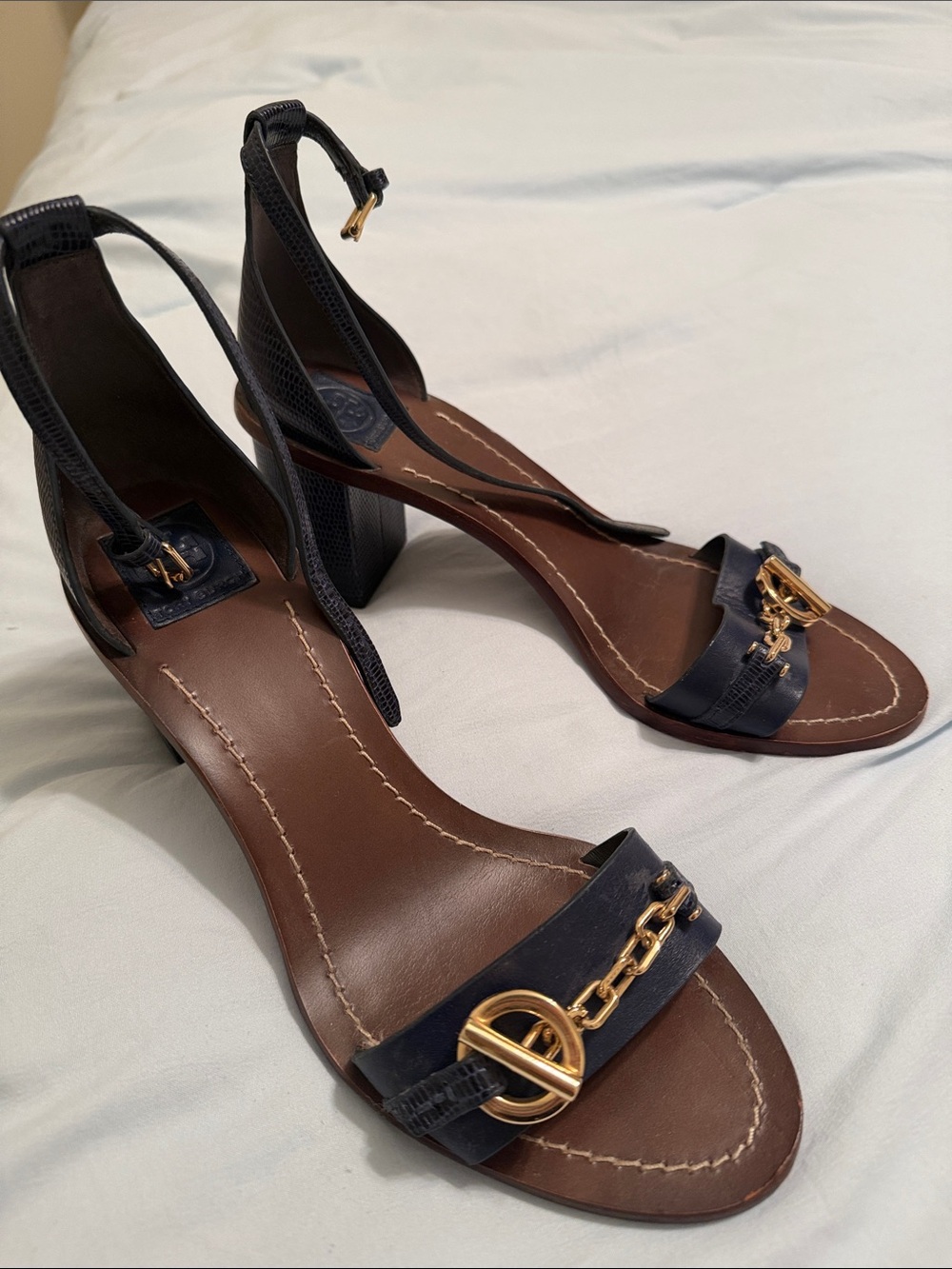 Tory Burch Navy Leather Block Heel Sandals with Gold Chain Detail